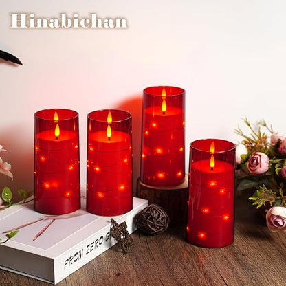 Flickering Flameless Candles with Remote Timer, 6pcs LED Battery Operated Candles with Embedded String Lights Red, Same Size D3 H6