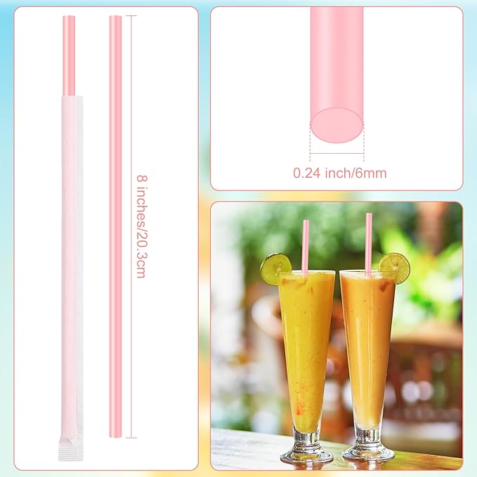 Hoolerry 2000 Pcs 8 Inch Plastic Straws Disposable Individually Wrapped Drinking Straight Long Straws, 0.24" Wide, for Hot and Cold Beverages (Pink)