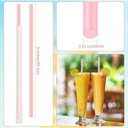 Hoolerry 2000 Pcs 8 Inch Plastic Straws Disposable Individually Wrapped Drinking Straight Long Straws, 0.24" Wide, for Hot and Cold Beverages (Pink)