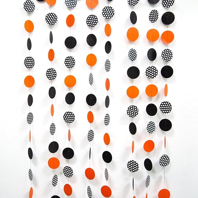 Cheerland Orange Halloween Garland Halloween Party Decorations Polka Dot Circle Streamers Banner Cute Spooky Birthday Party Themed Decor Kids Adult Fall Orange and Black Office Classroom Backdrop 52Ft