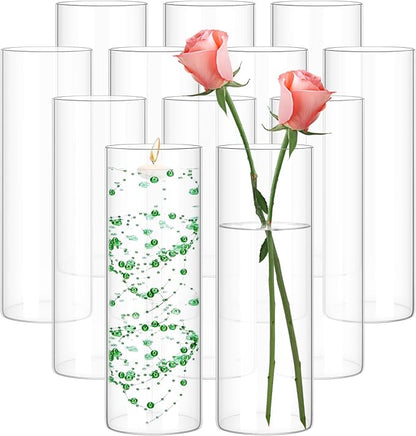 12 Pack Glass Cylinder Vases 10 Inch Tall Clear Flower Vase for Centerpieces, Hurricane Floating Candle Holder Wedding Decorations, Floral Vase Bulk for Table Shelf Party Home Deco (10 x 3.35 Inch)