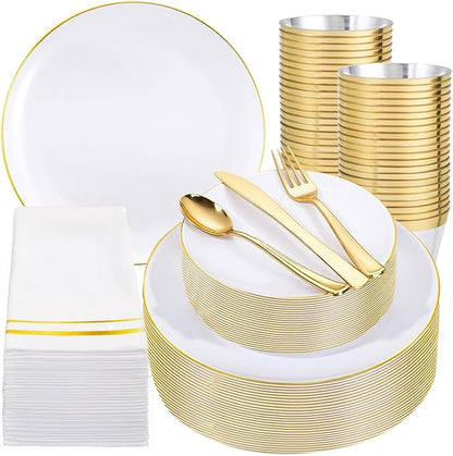 Festiva 350Pcs Gold Plastic Plates - White and Gold Dinnerware Set Disposable include 10" & 7" Plates,Cups,Silverware,Napkins -serve 50 Guests Perfect for Wedding& Chritmas & Party