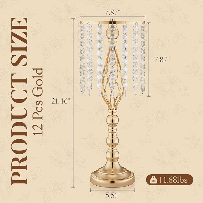 12 Pcs 21.7 Inch Tall Gold Centerpieces For Table Wedding-Metal Flower Gold Vases For Centerpieces For Wedding Reception With Crystal Fringe-Flower Stand For Wedding, Birthday(Centros De Mesa)