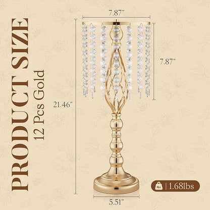 12 Pcs 21.7 Inch Tall Gold Centerpieces For Table Wedding-Metal Flower Gold Vases For Centerpieces For Wedding Reception With Crystal Fringe-Flower Stand For Wedding, Birthday(Centros De Mesa)
