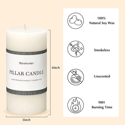 3x6 Inch White Pillar Candles - Set of 3, Hand-Poured Unscented, Long Burning, Smokeless Dripless for Dinner Table, Wedding, Home, Bathroom, Rustic Decor