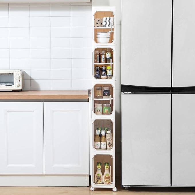 Narrow Bathroom Storage Cabinet with Wheels,5-Tier Plastic Slim Organizer with Adjustable Shelves for Small Spaces,Bathroom, Kitchen, Cream White