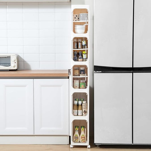 Narrow Bathroom Storage Cabinet with Wheels,5-Tier Plastic Slim Organizer with Adjustable Shelves for Small Spaces,Bathroom, Kitchen, Cream White