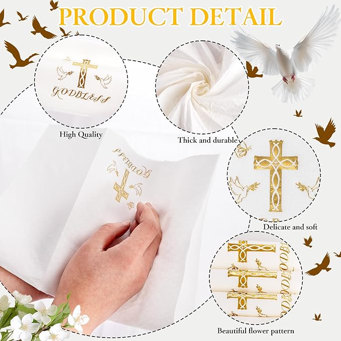 50 Pack Cross Paper Napkins - Baptism Napkins Disposable - Gold Cloth-Like Feel Dinner Paper - Heavy Duty Hand Towels for Religious Party, Confirmation, Christening, First Communion