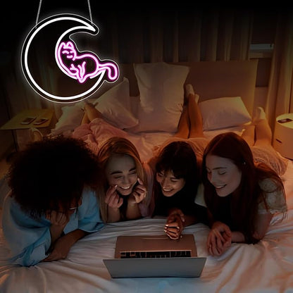 Neon Sign, HSJNJKFU Moon Cat Neon Signs for Wall Decor White Pink LED Cat Signs for Man Cave Room Home Party Birthday Beer Signs - Neon Light USB Powered