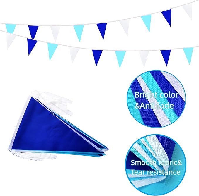 100 Feet 60 Pcs Blue White & Dark Blue Pennant Banner Triangle DIY Flag, Bunting Streamers Decor for Grand Opening, Birthday, Wedding Celebration