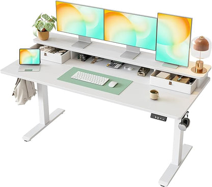 TIQLAB Standing Desk with Two Drawers, Stand Up Standing Desk Adjustable Height, Electric Sit Stand Table with Storage Shelf and Splice Board, 63 * 24 inch, White