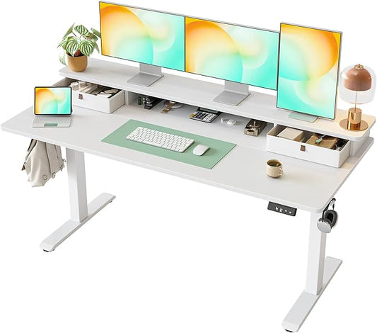 TIQLAB Standing Desk with Two Drawers, Stand Up Standing Desk Adjustable Height, Electric Sit Stand Table with Storage Shelf and Splice Board, 63 * 24 inch, White