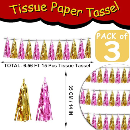 3P Gold Pink Tassel Banner Garland Metallic Foil Fringe Banner Tinsel Tassels Streamer Banner Backdrop for Parade Floats, Graduation, Wedding, Bachelorette, Birthday, Retirement Party Decorations