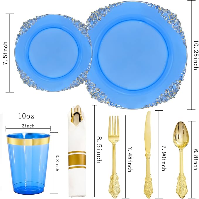 Hioasis 210pcs Blue and Gold Plastic Plates - Elegant Disposable Dinnerware Set Suitable for 30 Guests Include 10.25" Dinner & 7.5" Dessert Plates, Pre Rolled Silverware Set, Cups for Christmas