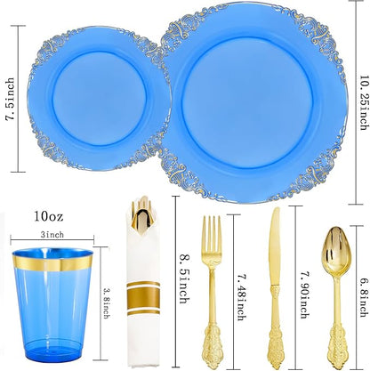 Hioasis 210pcs Blue and Gold Plastic Plates - Elegant Disposable Dinnerware Set Suitable for 30 Guests Include 10.25" Dinner & 7.5" Dessert Plates, Pre Rolled Silverware Set, Cups for Christmas