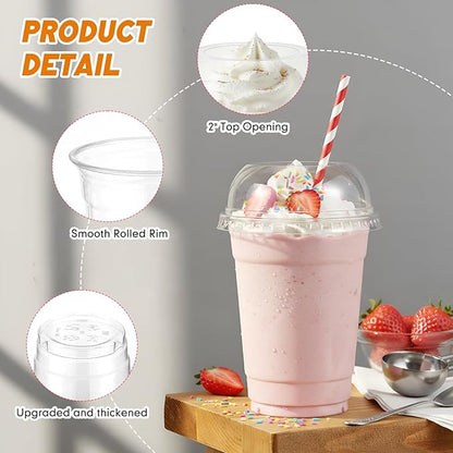 50 Set Clear Plastic Cups with Wide Dome Lids Dessert Cups with Large Hole Dome Lids Disposable Party Drink Mugs for Smoothies Iced Coffee Bubble Tea Slushies Parfaits, and More (12oz)