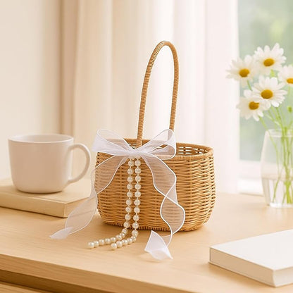 1 Pcs Wicker Rattan Flower Girl Basket with Bows and Pearl 11.8x8.7x5.1 Inches Rustic Wedding Basket for Flower Girl, Hand Woven Willow Storage for Ceremonies Home Decoration (Classic)