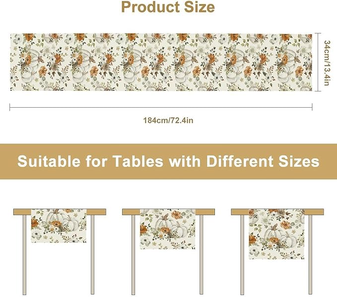 Fall Pumpkin Table Runner Rustic Floral Watercolor Plants White Vegetables Flowers Pastoral Theme Home Decor for Farmhouse Indoor Outdoor Party Holiday Dining Kitchen Restaurant Cafe W13xL90in