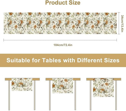 Fall Pumpkin Table Runner Rustic Floral Watercolor Plants White Vegetables Flowers Pastoral Theme Home Decor for Farmhouse Indoor Outdoor Party Holiday Dining Kitchen Restaurant Cafe W13xL120in