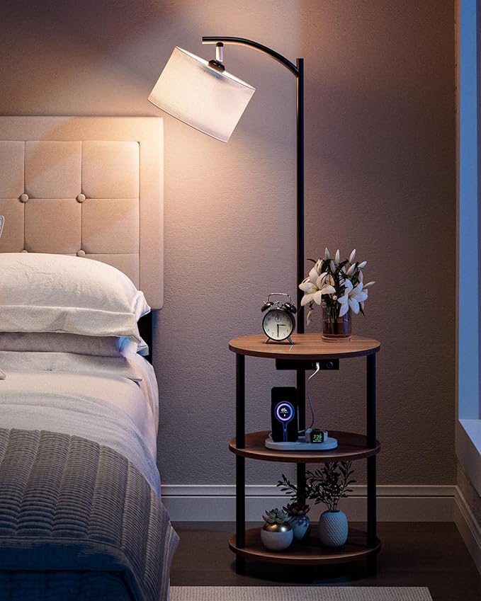 Round Side Table with Lamp and USB Ports, 3-Tier Small End Table for Living Room & Bedroom, Rustic Wood Metal Nightstand for Small Spaces, Easy to Assemble, Rustic Walnut