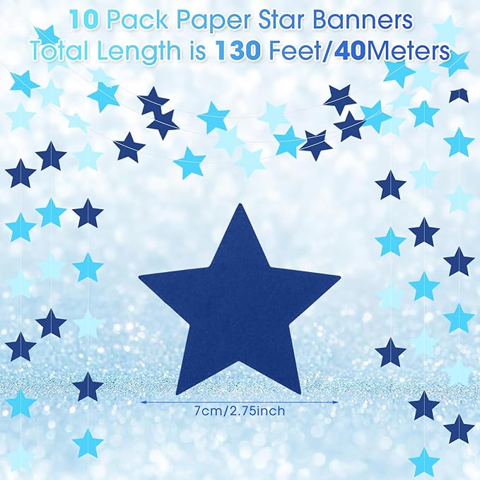 Patelai Glitter Star Garland Banner Christmas Decor 130 Feet Star Hanging Bunting Banner Twinkle Backdrop for Homecoming Classroom Wedding Birthday Halloween Party Supplies(Ocean Blue)