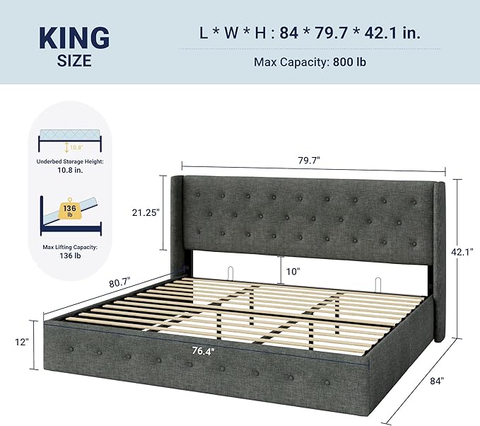 Allewie King Size Lift Up Storage Bed, Button Tufted Headboard with Wingback, Hydraulic Support, No Box Spring Needed, Dark Grey