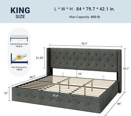 Allewie King Size Lift Up Storage Bed, Button Tufted Headboard with Wingback, Hydraulic Support, No Box Spring Needed, Dark Grey