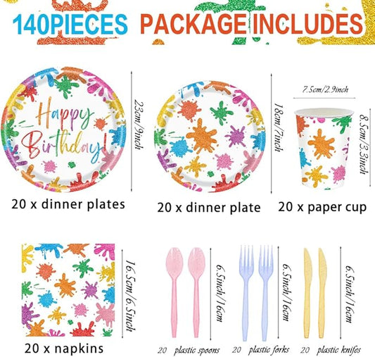 140PCS Paint Splatter Party Decorations, Painting Party Tableware Set Plates,Napkins,Cups for Art Painting Party Supplies Birthday Baby Shower Decorations