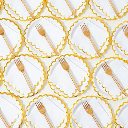 White scalloped party plates with napkins and fork gold foil border, 24 Guest disposable Tableware Set Party Decoration for Birthday Coquette Bridal Baby Shower Valentines