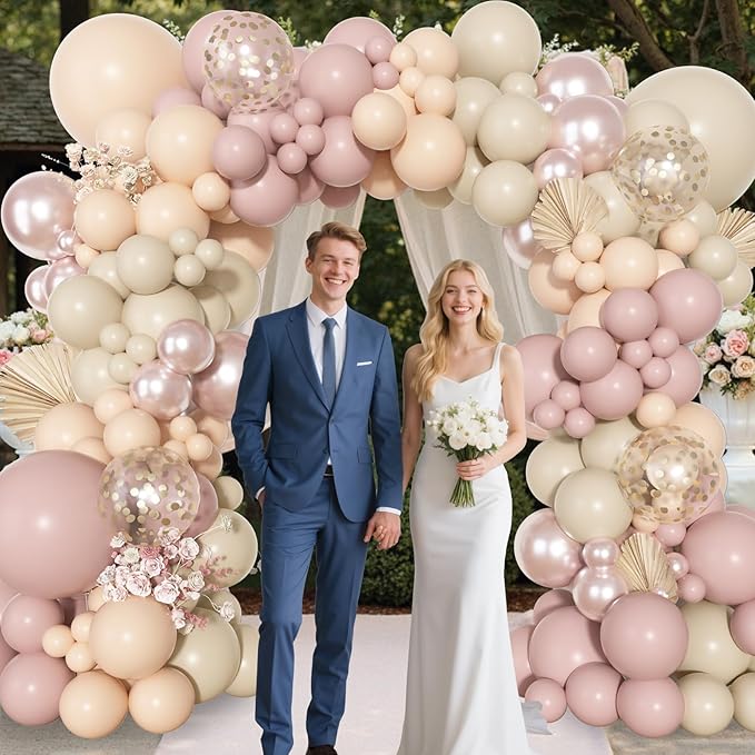 Ouddy Party Boho Dusty Pink Balloons Garland Arch Kit, Different Sizes 18 12 10 5 Inch Pastel Pink Sand White Pearl Latex Confetti Balloon for Baby Bridal Shower Birthday Women Girls Party Decorations