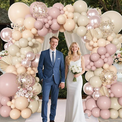 Ouddy Party Boho Dusty Pink Balloons Garland Arch Kit, Different Sizes 18 12 10 5 Inch Pastel Pink Sand White Pearl Latex Confetti Balloon for Baby Bridal Shower Birthday Women Girls Party Decorations