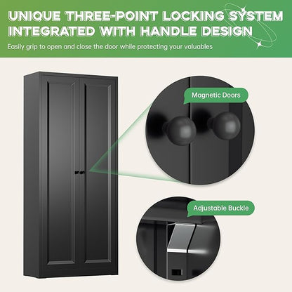 INTERGREAT Metal Storage Cabinet with Magnetic Doors, 63" H Traditional European Style Metal Cabinets with 2 Doors and 4 Adjustable Shelves for Home Office, Kitchen, Bathroom (Black)