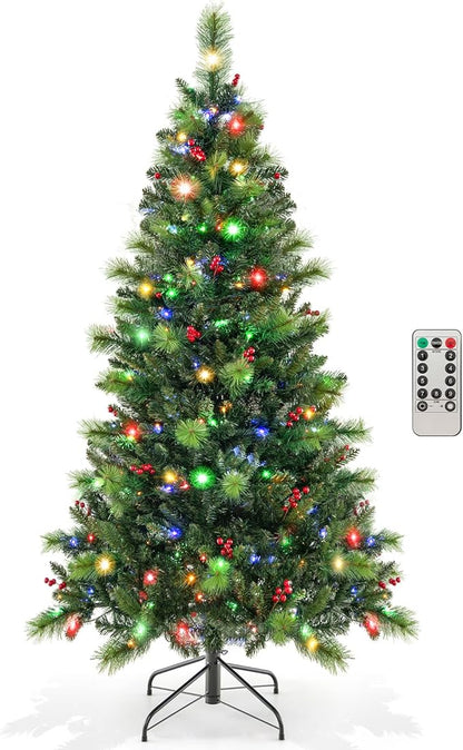 GOFLAME 6FT Pre-Lit Christmas Tree, Hinged Artificial Xmas Tree with Pine Needles, 670 Branch Tips, 28 Clusters of Red Berries, 300 LED Lights, 9 Lighting Modes, 4 Brightness, Remote Control & Timer