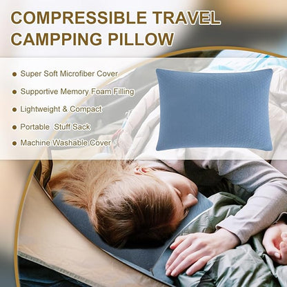 Ivellow Memory Foam Travel Pillow Compressible Camping Pillow for Sleeping Shredded Memory Foam Pillow Compact Firm Supportive Travel Pillow for Adults Kids Outdoor Hiking Essential Gear Blue-S