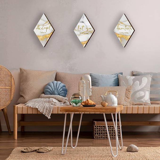 ONIZHITY 3 Pcs White Gold Bathroom Decor White Gold Wall Decor with Accept Let Go Have Faith Quote Rustic Vintage Farmhouse Wooden Hanging Signs for Home Living Room Bedroom Office(12x7 Inches)