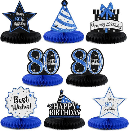Happy 80th Birthday Decorations,80th Bday Blue Glitter Shiny Stand Honeycomb Table Centerpieces - Cheers to Eighty Years Old Birthday Party Photoprop Gift Sign.
