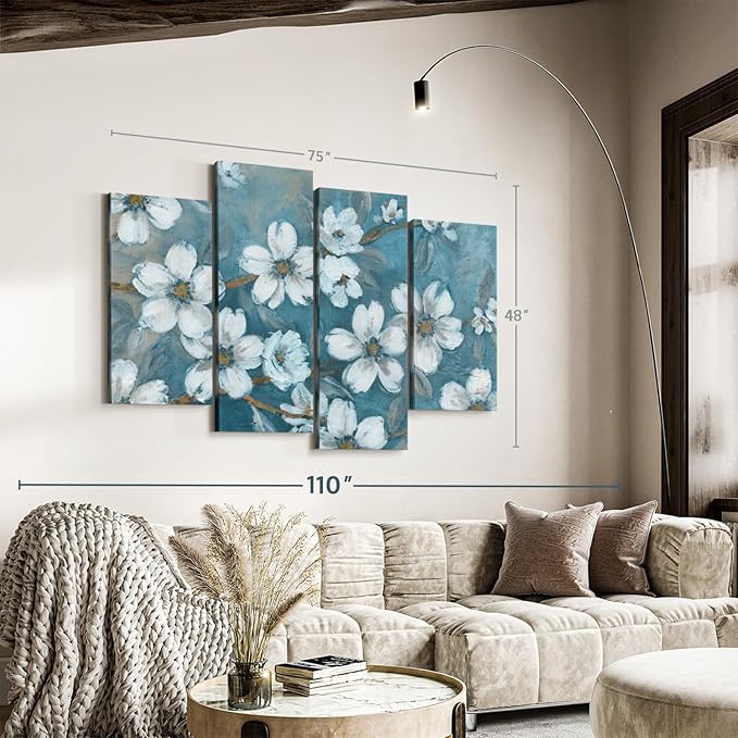 Elephant Stock Blossoms Of Evening Wall Art - Horizontal Canvas - 4-Piece Living Room Wall Decor - Blossom Painting Canvas Print - Blue and Gray Decor for Wall by Carol Robinson - 75" X 48"