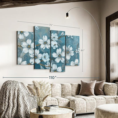 Elephant Stock Blossoms Of Evening Wall Art - Horizontal Canvas - 4-Piece Living Room Wall Decor - Blossom Painting Canvas Print - Blue and Gray Decor for Wall by Carol Robinson - 75" X 48"