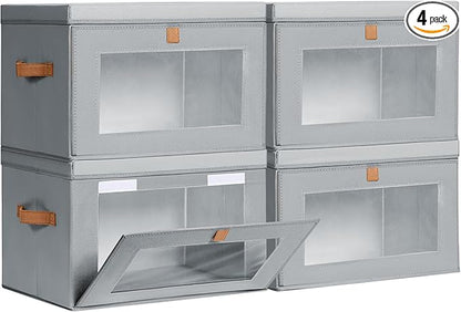 Large Closet Storage Bins - Collapsible Storage Bins with Handles & Window, Fabric Cube Organizer with Lids, Decorative Boxes for Living Room, Closet, Dorm, 4 Pack, Grey