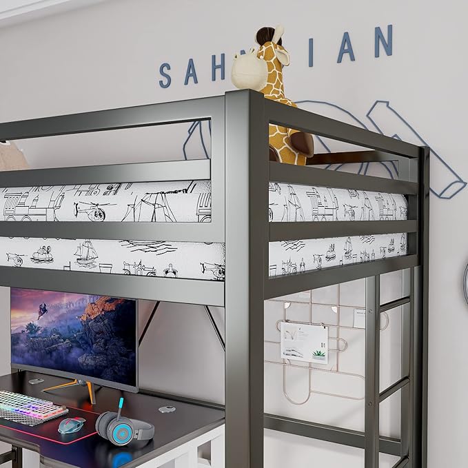 ikalido Metal Loft Bed Twin Size with Safety Guardrail and Ladder, No Box Spring Needed Space Saving Bedroom Furniture, Matte Black