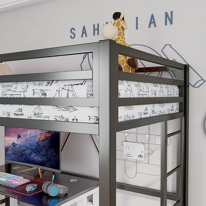 ikalido Metal Loft Bed Twin Size with Safety Guardrail and Ladder, No Box Spring Needed Space Saving Bedroom Furniture, Matte Black