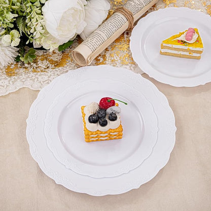 U-QE 100 Pieces White Plastic Plates - White Disposable Plates - Premium Hard Plastic Disposable Plates for Christmas and Party Use Including 50 Dinner Plates 10 '' & 50 Dessert Plates 7.5 ''