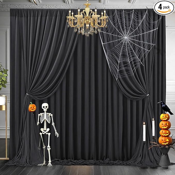 16 x 10ft Black Backdrop Curtains Photo Background Curtains 4 Panels (10'L x 4'W Each) with Rod Pocket, Wrinkle-Free Polyester Backdrop Drapes for Father's Day Party Birthday Prom Haunted House RIP