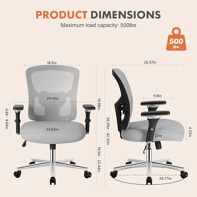 Sweetcrispy Big and Tall Office Desk Chair with Lumbar Support, 500lbs Heavy Duty Mesh Ergonomic Computer Chair with 4D Armrest and Wide Comfy Seat, Wheels for Adult, Grey