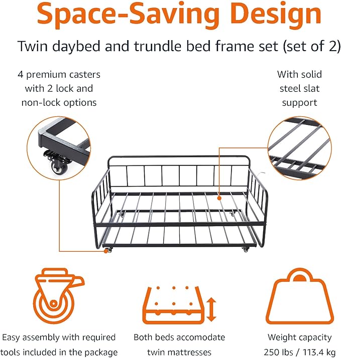 Amazon Basics Twin Daybed and Trundle Bed Frame Set, Space Saving Steel Slat Support, Easy Assembly, Twin Size, Black, 77.3 x 40 x 35.4 in