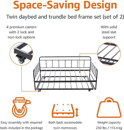 Amazon Basics Twin Daybed and Trundle Bed Frame Set, Space Saving Steel Slat Support, Easy Assembly, Twin Size, Black, 77.3 x 40 x 35.4 in