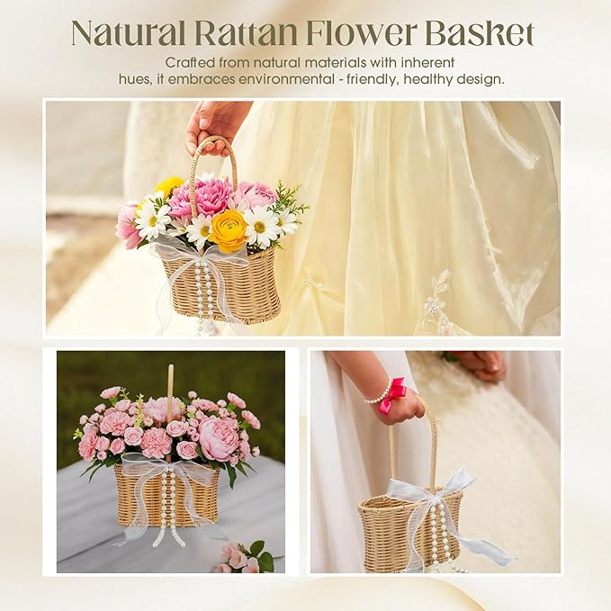 1 Pcs Wicker Rattan Flower Girl Basket with Bows and Pearl 11.8x8.7x5.1 Inches Rustic Wedding Basket for Flower Girl, Hand Woven Willow Storage for Ceremonies Home Decoration (Waisted)