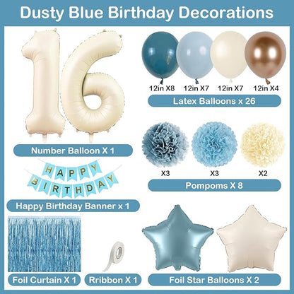 Dusty Blue 16th Birthday Party Decorations Boys Girls Beige Cream Number 16 Balloon with Blue Gold Happy Birthday Banner Fringe Curtain Paper Pom Poms Nude White Sand Champagne Star Foil Balloons