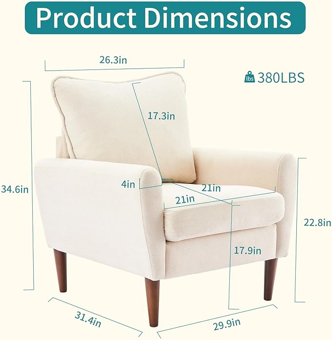 OLIXIS Comfy Accent Chair for Living Room Bedroom and Waiting Room, Upholstered Mid-Century Reading Chair with Pillow and Solid Wood Legs, Wide Singe Modern Lounge Sofa (Beige, 2 Pack)