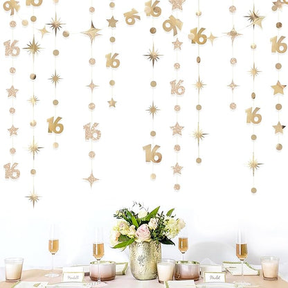 Champagne Gold Number 16 Circle Dot Twinkle Star Garland Streamer Bunting Banner Backdrop Decorations for Girls Happy 16th Birthday Sweet Sixteen 16th Anniversary Cheers to 16 Years Party Decor